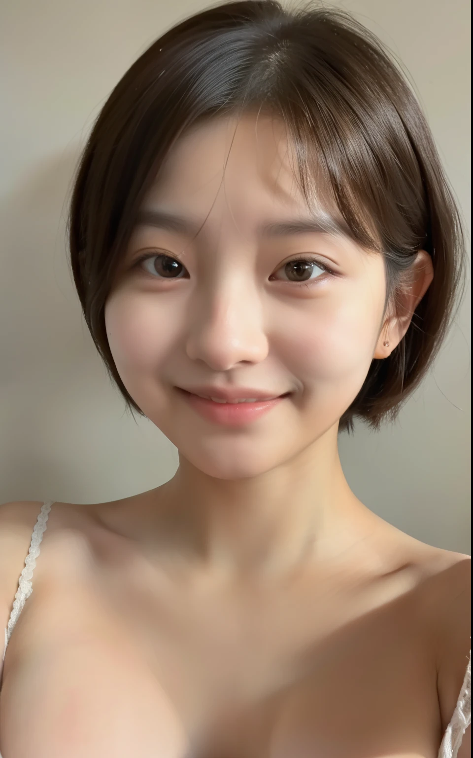 incredibly absurd, beautiful and cute 20-year-old Korean girl with a photorealistic face, showcasing top-quality craftsmanship. Her slender frame adorned with short, messy hair. The artwork high-resolution, allowing for ultra-detailed features to be captured flawlessly. The focus lies on the realistic pupils, showcasing depth and emotion. ((breasts out)) cute smile.