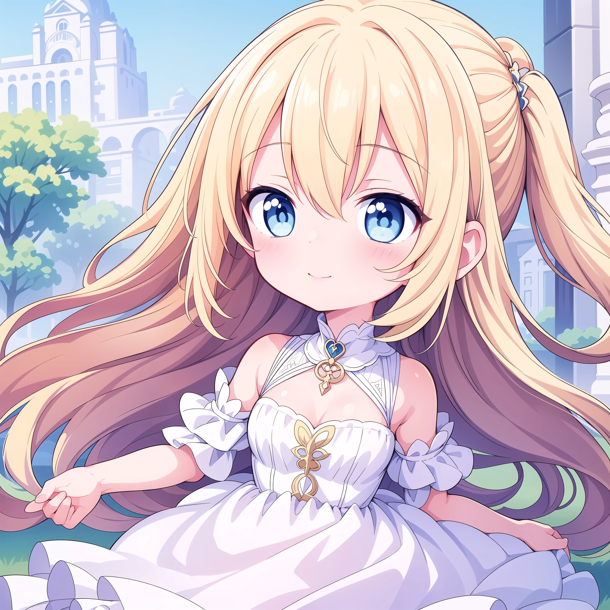 ultra detail,best quality,masterpiece, 1girl,chibi ,standing ,happy, blonde hair, blue eyes, qhly , head portrait, head only, profile picture