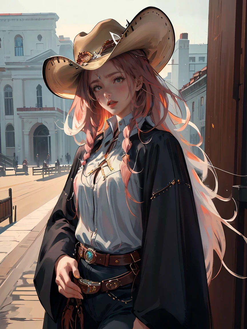 Long dark red hair, brown eyes, gloss lips, front look, close up, portrait, beautiful eyes, wearing a male white suit, big white, curly hair cut, clear skin, young 30 years girl, adult girl, solo, very long hair, ankle length hair, handsome older WOMAN，Hyperresolution，accuracy，Detailed rendering,（Image of fine hair）（topquality）（Masterpieces of masters）（High degree of completeness）（A sense of atmosphere）tmasterpiece，Super detailed and super detailed（((half-body portrait)))(((Older woman))) (((Western girl))), (((Cowgirl))) (((Cowboy hat))) (((Gunslinger)))(((Better hands)))(((Black outfit)))