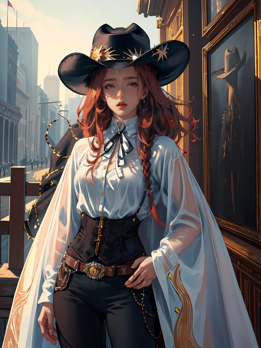 Long dark red hair, brown eyes, gloss lips, front look, close up, portrait, beautiful eyes, wearing a male white suit, big white, curly hair cut, clear skin, young 30 years girl, adult girl, solo, very long hair, ankle length hair, handsome older WOMAN,Hyperresolution,accuracy,Detailed rendering,(Image of fine hair)(topquality)(Masterpieces of masters)(High degree of completeness)(A sense of atmosphere)tmasterpiece,Super detailed and super detailed(((half-body portrait)))(((Older woman))) (((Western girl))), (((Cowgirl))) (((Cowboy hat))) (((Gunslinger)))(((Better hands)))(((Black outfit)))