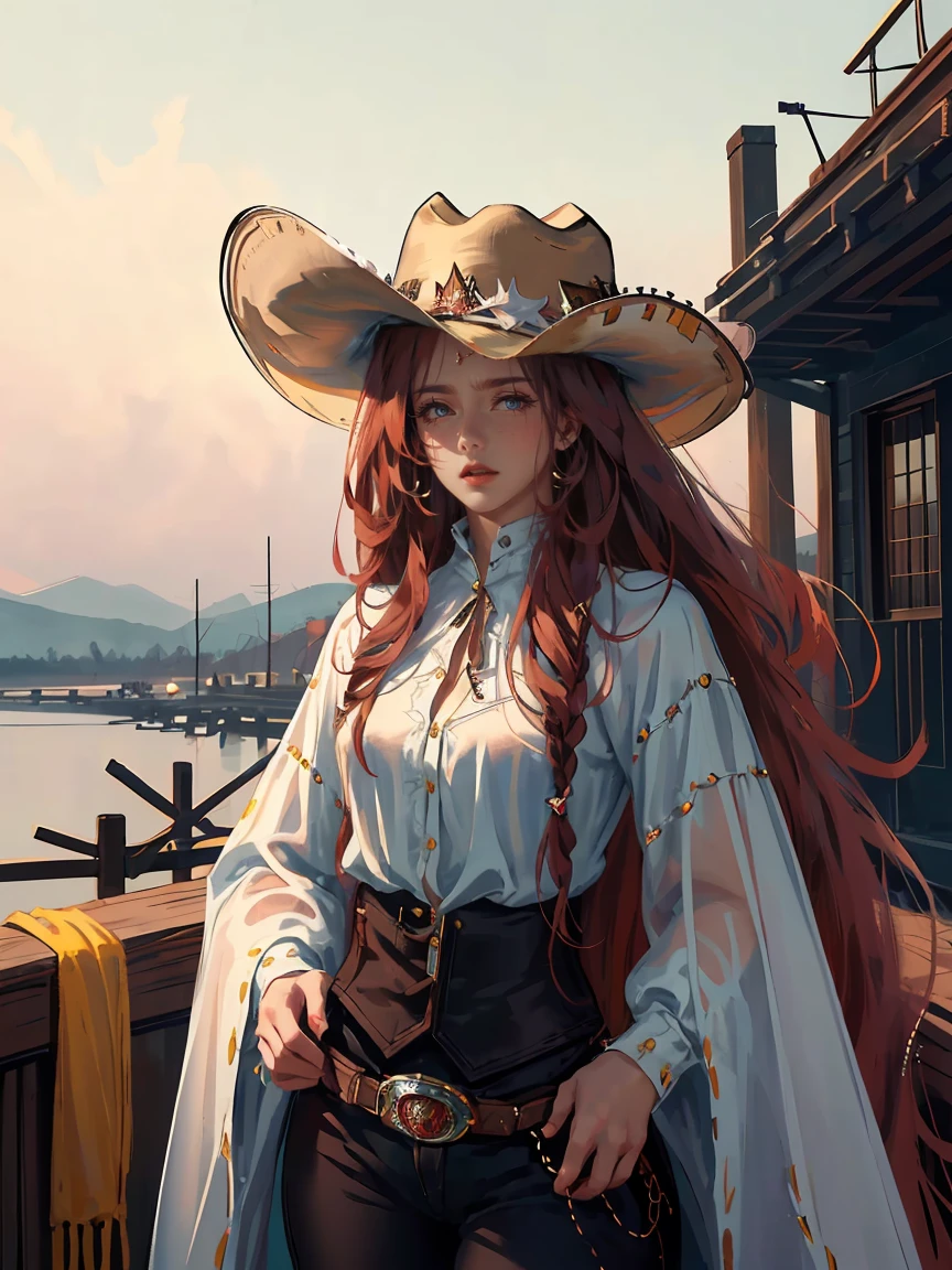 Long dark red hair, brown eyes, gloss lips, front look, close up, portrait, beautiful eyes, wearing a male white suit, big white, curly hair cut, clear skin, young 30 years girl, adult girl, solo, very long hair, ankle length hair, handsome older WOMAN,Hyperresolution,accuracy,Detailed rendering,(Image of fine hair)(topquality)(Masterpieces of masters)(High degree of completeness)(A sense of atmosphere)tmasterpiece,Super detailed and super detailed(((half-body portrait)))(((Older woman))) (((Western girl))), (((Cowgirl))) (((Cowboy hat))) (((Gunslinger)))(((Better hands)))(((Black outfit)))
