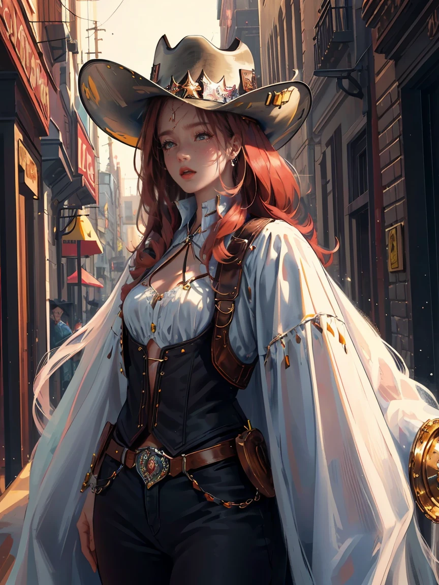 Long dark red hair, brown eyes, gloss lips, front look, close up, portrait, beautiful eyes, wearing a male white suit, big white, curly hair cut, clear skin, young 30 years girl, adult girl, solo, very long hair, ankle length hair, handsome older WOMAN，Hyperresolution，accuracy，Detailed rendering,（Image of fine hair）（topquality）（Masterpieces of masters）（High degree of completeness）（A sense of atmosphere）tmasterpiece，Super detailed and super detailed（((half-body portrait)))(((Older woman))) (((Western girl))), (((Cowgirl))) (((Cowboy hat))) (((Gunslinger)))(((Better hands)))(((Black outfit)))