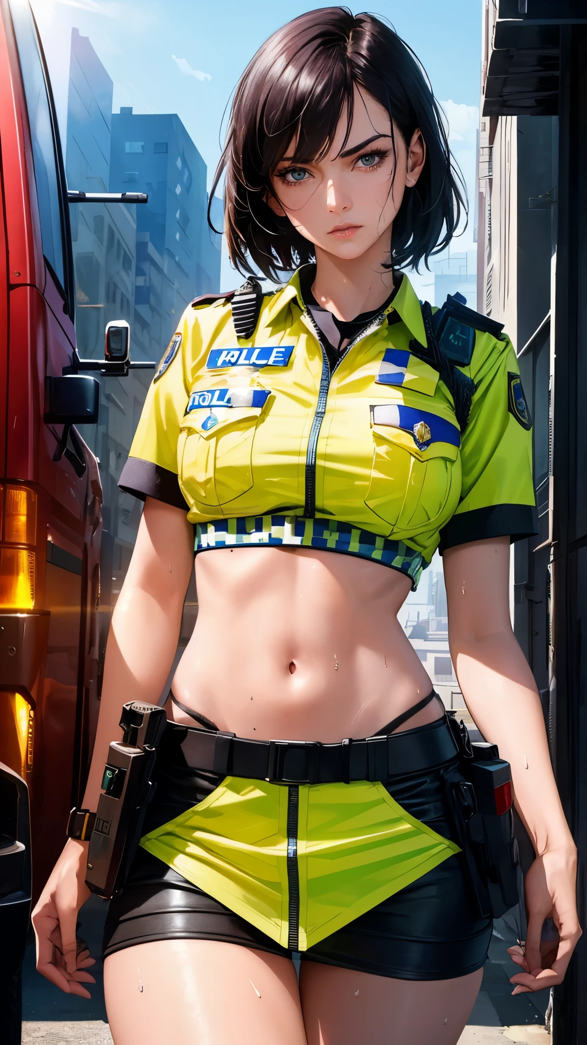 ((((masterpiece, best quality, high resolution)))), Extremely detailed 8K, 1 female, (Police Officer) wearing a cyberpunk police uniform and gear, (Ultra HD, Ultra-detailed, Highly detailed, Highly realistic, Ultra-realistic, photograph realistic), (1girl:1.5), (Realistic black hair), (dynamic poses), facing at camera, looking at viewer, (a serious focus face), (regular black eyes, sharp eyes), (perky breasts:1.2), (beautifully detailed face, beautiful detailed eyes), ((preparing for a police patrol)), (streets background), sweat, glow, (sunbeam, sunlight), ((cowboy shot)), seductive, EnvyBetterHands LoCon,