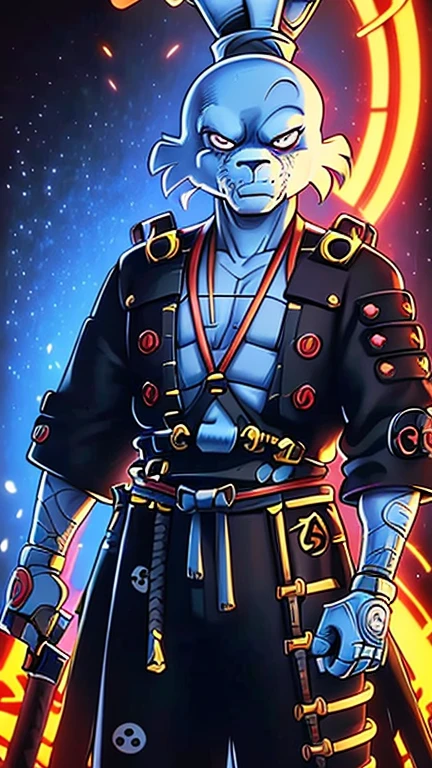 (usagi yojimbo), (extremely detailed CG unit 8k wallpaper),(master part), (best quality), (ultra detail), (best illustration),(Cyberpunk anime), cowboy shot, (Sharp eyeliner, ombre, detail eyes:1), neon light indoors background ,break , (Samurai
Cybernetic), upper body,