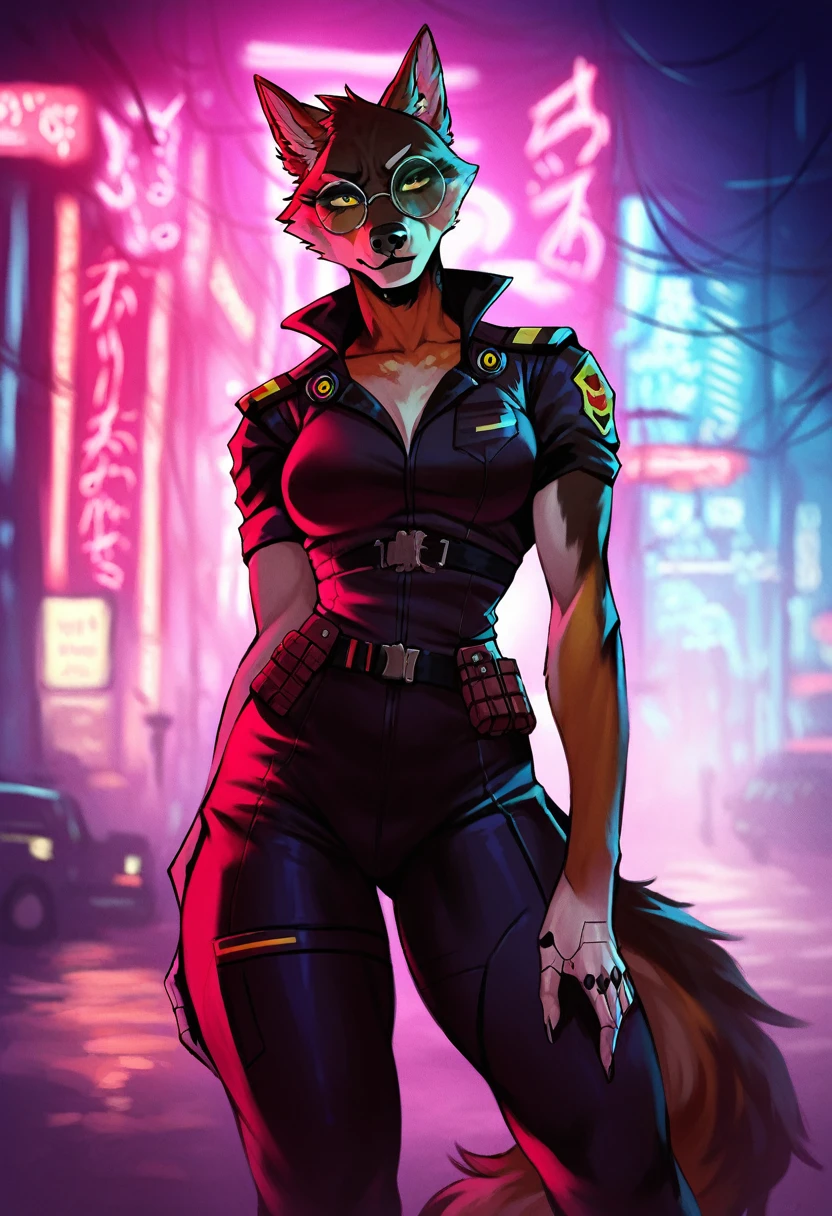 A cyberpunk anthropomorphic black wolf policeman,Wearing red round glasses,cyberpunk clothes,standing in a cyberpunk alley,shooting scene,detailed facial features,extremely detailed eye and face,long eyelashes,skin detailed,dynamic pose,dramatic lighting,neon lights,reflective surfaces,urban architecture,courageous atmosphere,swirly vibrant colors,photorrealistic,4K,8k,high resolution,work of art