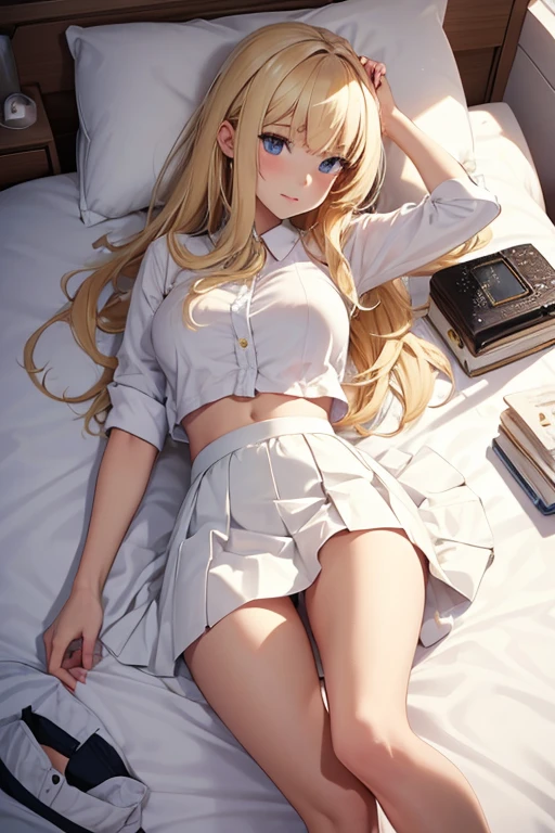 Girl, blonde, clear skin, in a  lying in her room with her skirt up