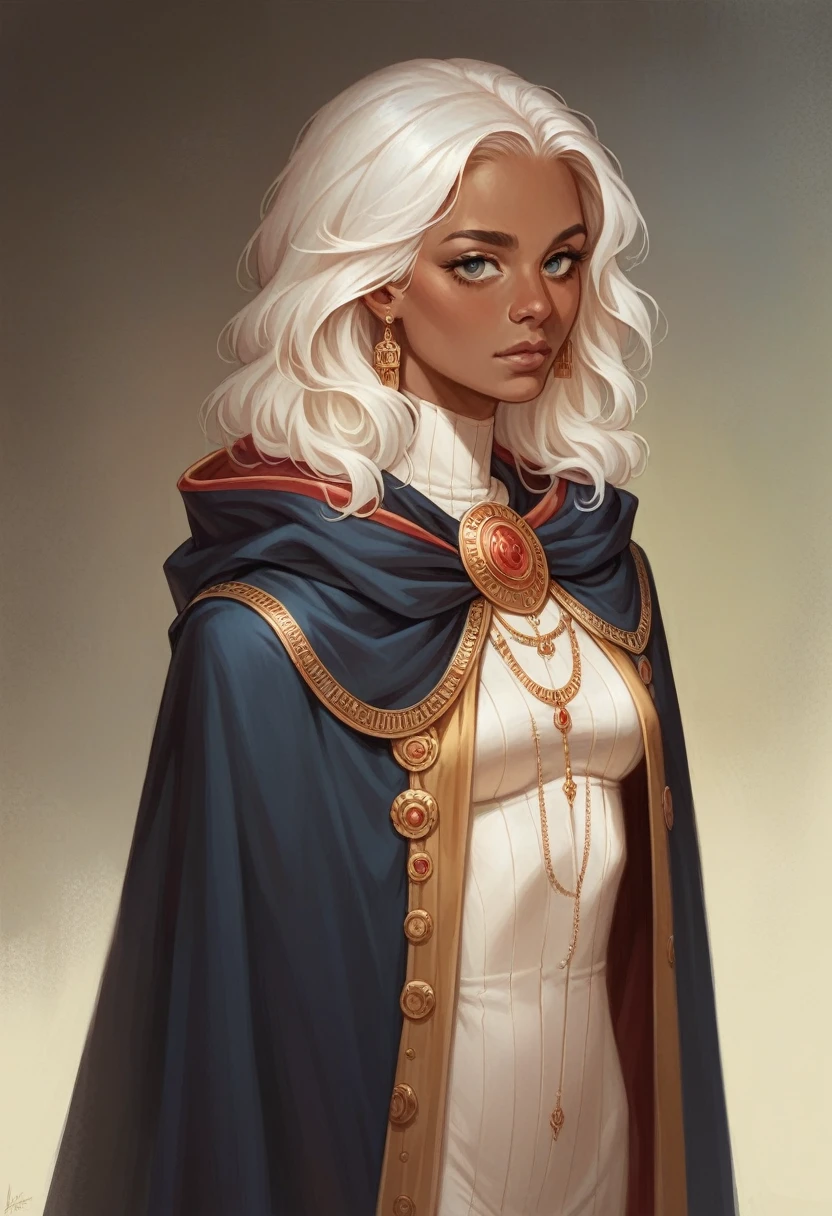 ((best quality)), ((masterpiece)), (detailed), 1girl, mixed race girl, African American + Caucasian girl with lighter skin, young woman, beautiful, skinny, white hair, modern western attire, cloak