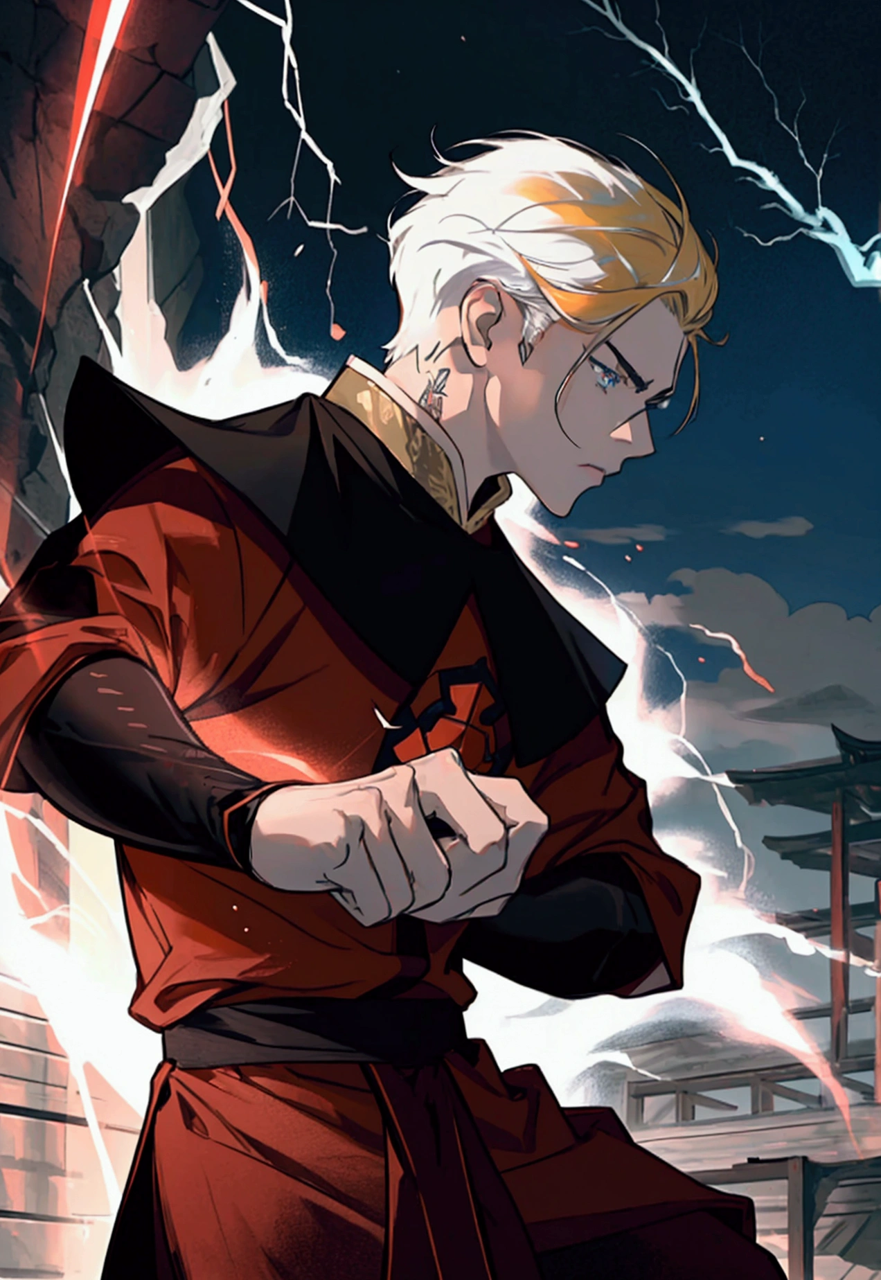 1 young man, alone, looking at his enemy, soft lighting, crimson electrical currents on body, 15 year old man, blue eyes, tattoo below the eyes, golden hair, short hair with samurai cut, boyish, black clothes, scene of rage and sadness, best angle, thoughtful, {beautiful detailed eyes}, {detailed light}, {illustration}, {better lighting}, conceptual art, best fight scene, monk t-shirt, black and white, rays of color crimson, lightning all over the body, red lightning in hands, better quality in the fingers, better quality in the eyes, better emphasis on masculine features