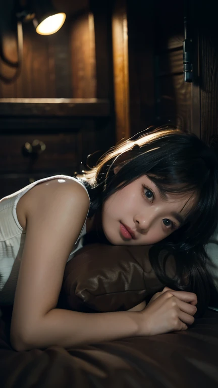 (((10 year old girl))), (((in dark cabin at night))), (((tired girl lying on bed))), Japanese, cute, dark hair, bobbed hair, (((faint lamp lighting))), straight face, no smile, uneasy expression, trainers and super mini skirt, sneakers, horror movie scene, fear Drama, High Resolution, Detailed Drawing, Award Winning, Highest Resolution, Realistic, Raw, 8K Wallpaper