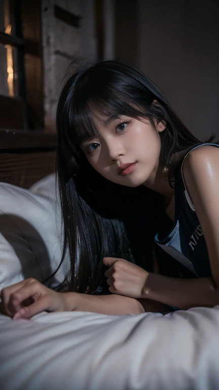 ((( girl))), (((in dark cabin at night))), (((tired girl lying on bed))), Japanese, cute, dark hair, bobbed hair, (((faint lamp lighting))), straight face, no smile, uneasy expression, trainers and super mini skirt, sneakers, horror movie scene, fear Drama, High Resolution, Detailed Drawing, Award Winning, Highest Resolution, Realistic, Raw, 8K Wallpaper