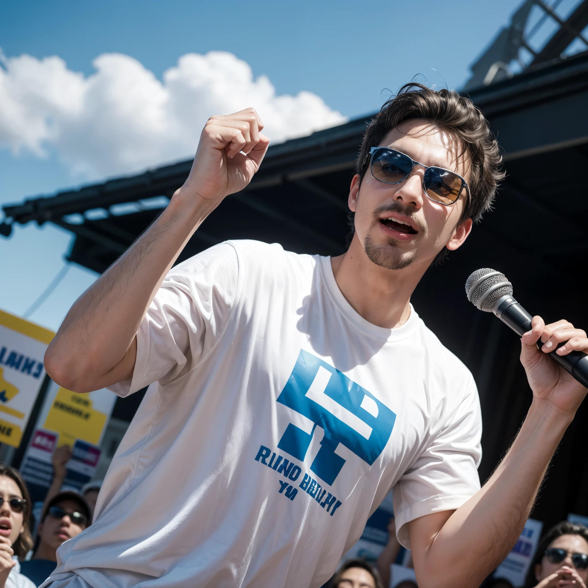 create a Disney style photo of a man in a white shirt and blue pants, white mustache , almost bald , wearing blue sunglasses with sporty blue lenses, with a sticker with the number 44 glued to the shirt , holding a microphone in his hand, as if he were a political candidate. He is celebrating a victory. He must look like an old man , and is doing the number "fours" with one hand
