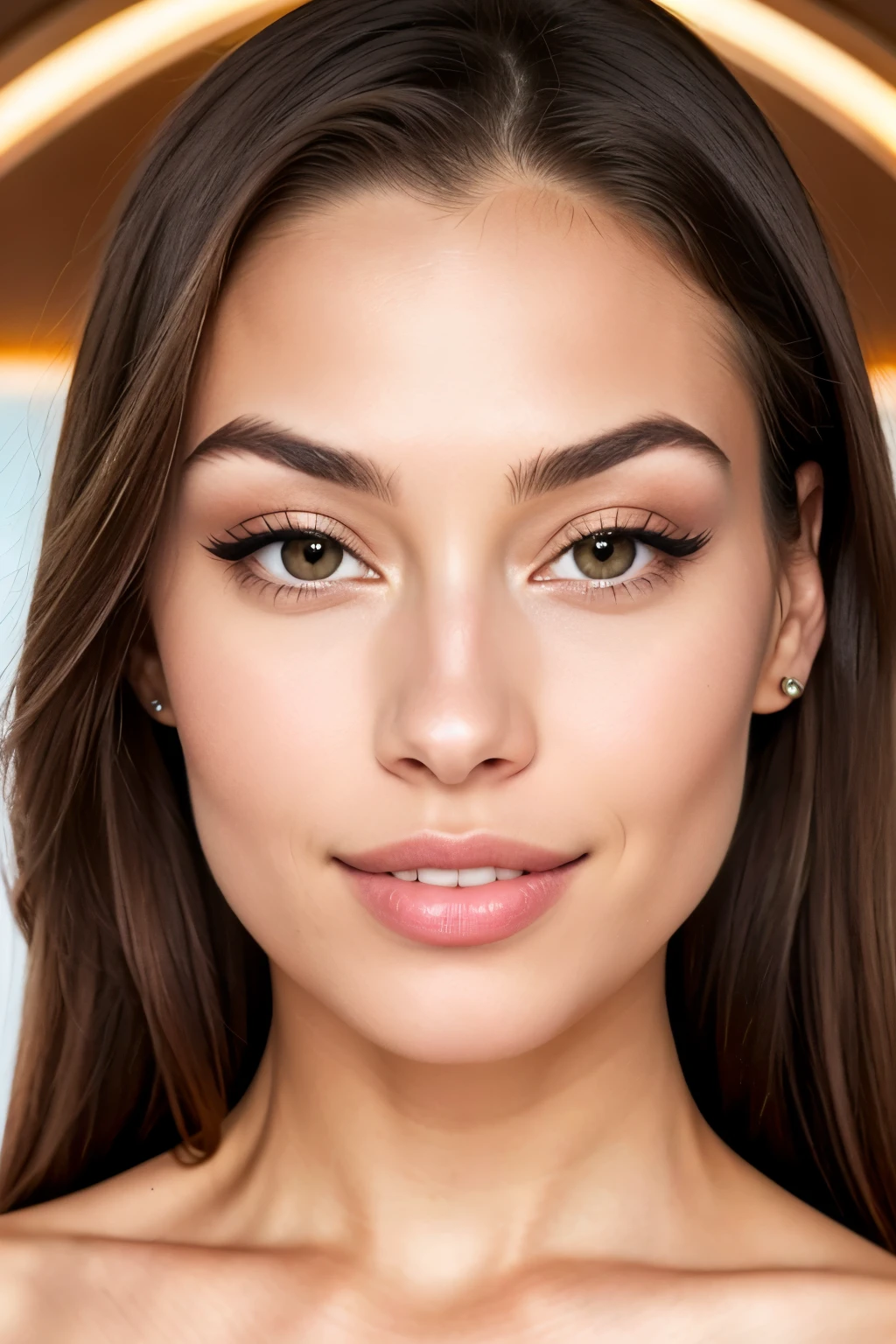 High-resolution, photorealistic portrait of a woman with a striking and captivating frontal appearance, radiating elegance and charm. At 32, she boasts delicate and feminine features, her radiant oval face framed by a cascade of long, straight light brown hair that shines with a natural, healthy glow. Her mesmerizing honey eyes, framed by long, dark lashes and well-shaped eyebrows, shine with intelligence and are softened by the longest, most captivating, 1.3mm-long white teeth. Her facial features are perfectly balanced, with an elegantly defined nose and cheekbones that perfectly complement her oval face.
Her