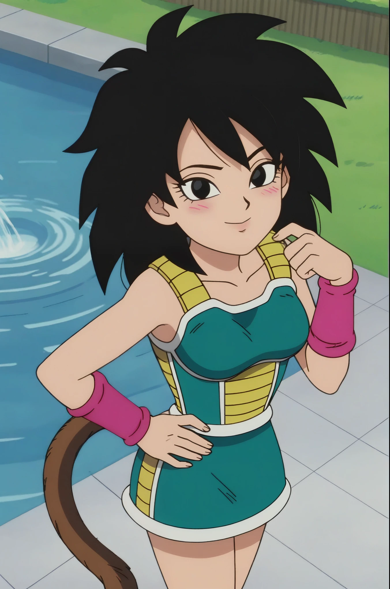 fountain_cheered up, score_9,score_8_above, score_7_above, motorDb, cheered up screencap,
1 girl, alone, looking at the viewer, blush, urban landscape, black eyes, hand on hip, pink bracelet, smile, green skirt, hand on the shoulder, medium hair, green armor armor, eyelashes, eyebrows, bare shoulders, spiky hair, medium breasts, medium ass, ass, sexy, standing, cowboy shot, monkey's tail