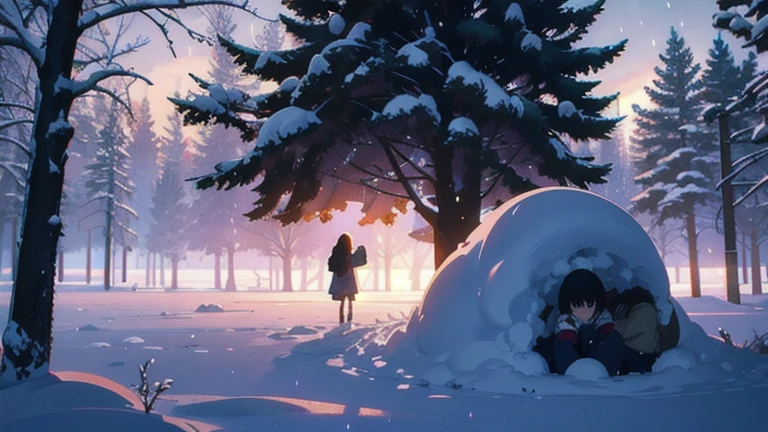 Curled up girl, crying under a tree, in a heavy snow storm, with their hands on their faces, snow rain surrounding it,, dark scene an image of Makoto Shinkai, trend on pixiv, conceptual art, guweiz style artwork, Guweiz and Makoto Shinkai, Sakimichan and Makoto Shinkai, ( ( Makoto Shinkai ) ), in the snow, sad anime scene