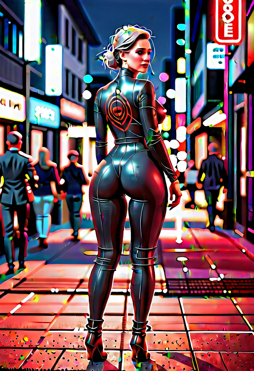 Zoom in, Beautiful woman with amazing body wearing a dark gray latex full body catsuit with red neon tattoos lit up like intense light, young woman, with her back to the camera showing a huge ass, Very slender waist, wide hip, beautiful grandmother, beautiful old woman, night and urban scenery with bokeh and flares on camera 