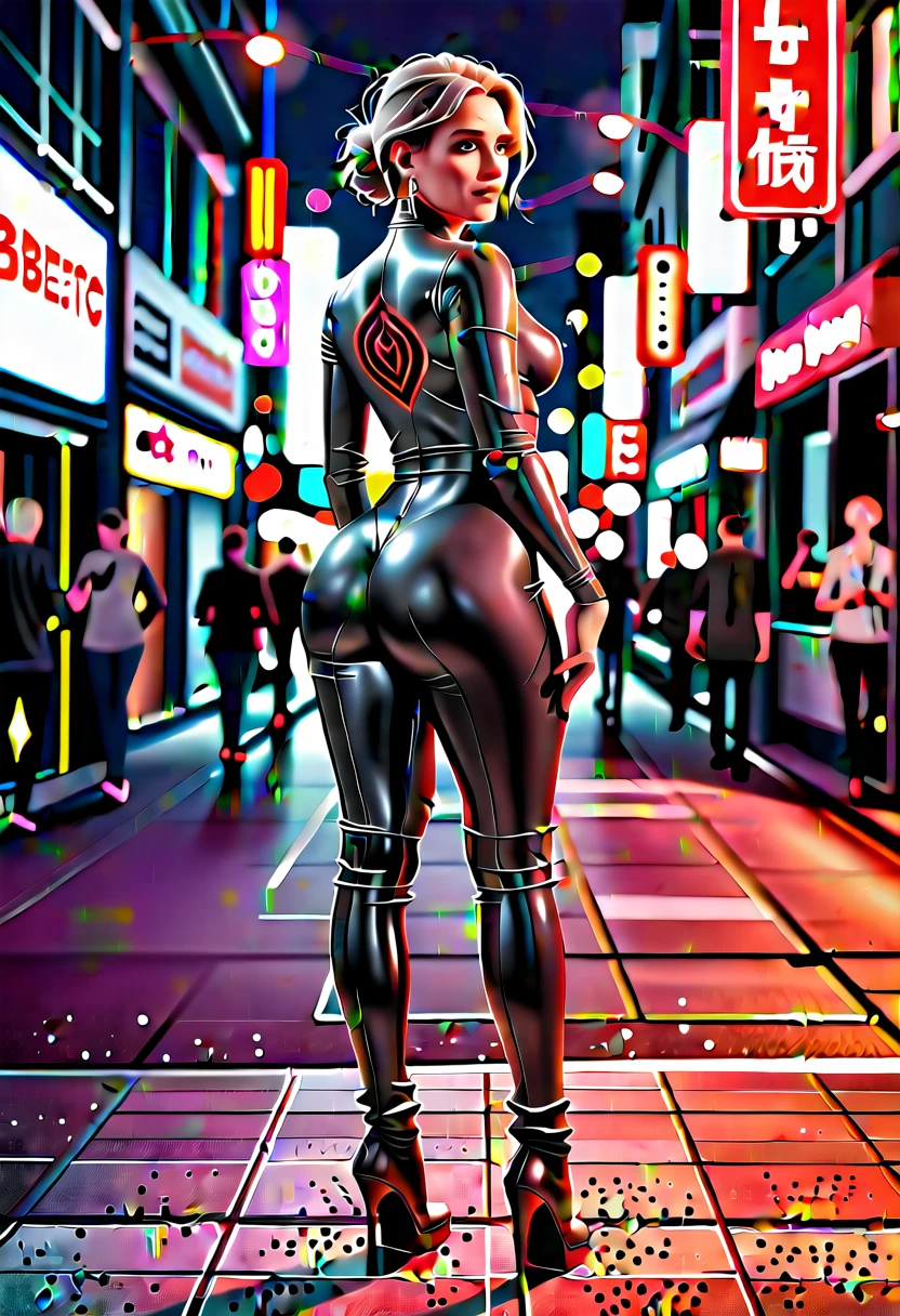 Zoom in, Beautiful woman with amazing body wearing a dark gray latex full body catsuit with red neon tattoos lit up like intense light, young woman, with her back to the camera showing a huge ass, Very slender waist, wide hip, beautiful grandmother, beautiful old woman, night and urban scenery with bokeh and flares on camera 