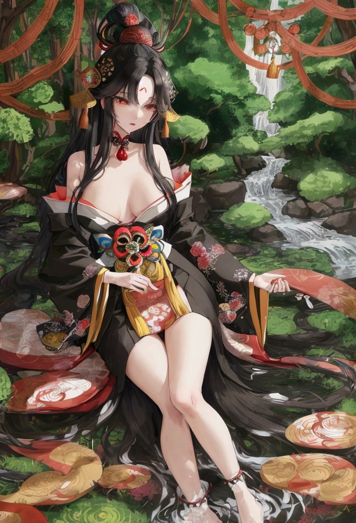 A black-haired woman resembling a Japanese miko holding a sacred talisman. She is adorned in a beautifully decorated and elaborate traditional outfit. The background features a mystical natural setting with lush forests, flowing streams, and magical elements, creating a vibrant and enchanting atmosphere.