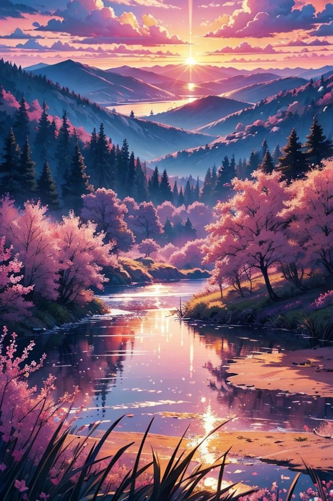 (masterpiece, high quality, detailed) landscape pink sky sunset scene
