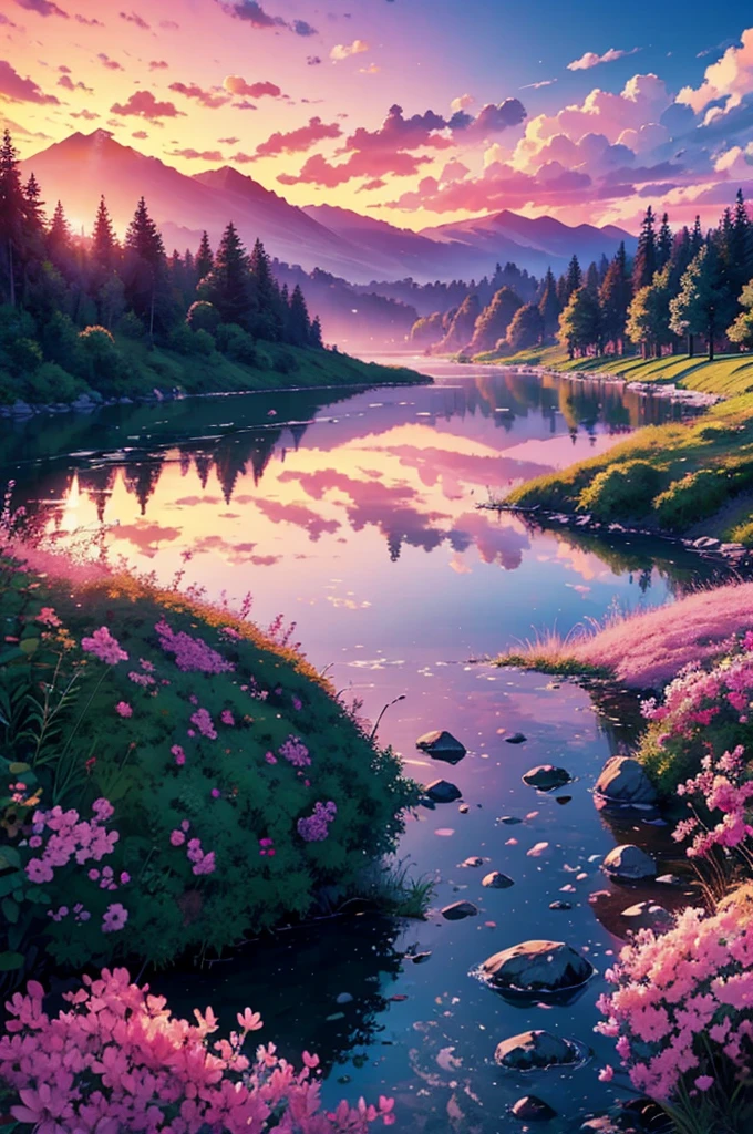 (masterpiece, high quality, detailed) landscape pink sky sunset scene