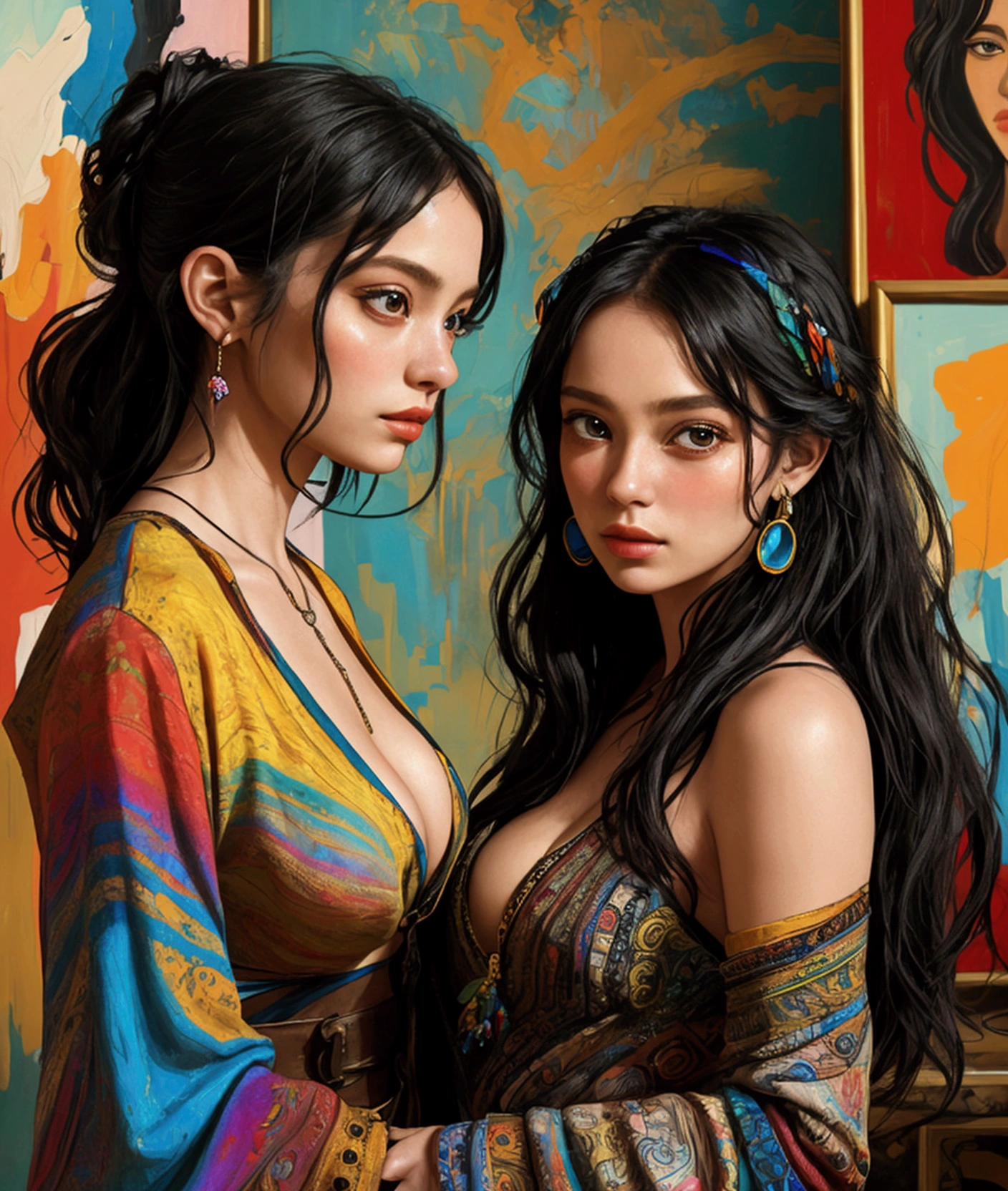In an artsy loft filled with abstract artwork, the hippie spy interrogates a suspect. Her bohemian attire and attractive features contrast with the tension of the moment.. The vibrant colors of the paintings in the background and the soft lighting create an intriguing setting., emphasizing its enigmatic and seductive aura.