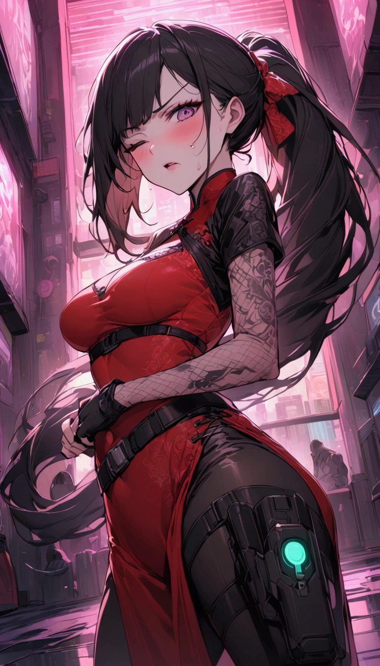 1 girl, straight hair, red eyes, black hair, long hair, ((forehead)), earrings, smug, light smile, blurry background, Shanghai, cyberpunk, cyber suit, neon lights, skyscrapers, night, headset, sword, helicopter, tall stature, tsurime, slum, rainy, raindrops, mature face, small face, looking down, dutch angle, gloves, pencil skirt, micro mini skirt, cameltoe, erect nipples, pepperoni nipples, big breasts, no panties, pubic hair