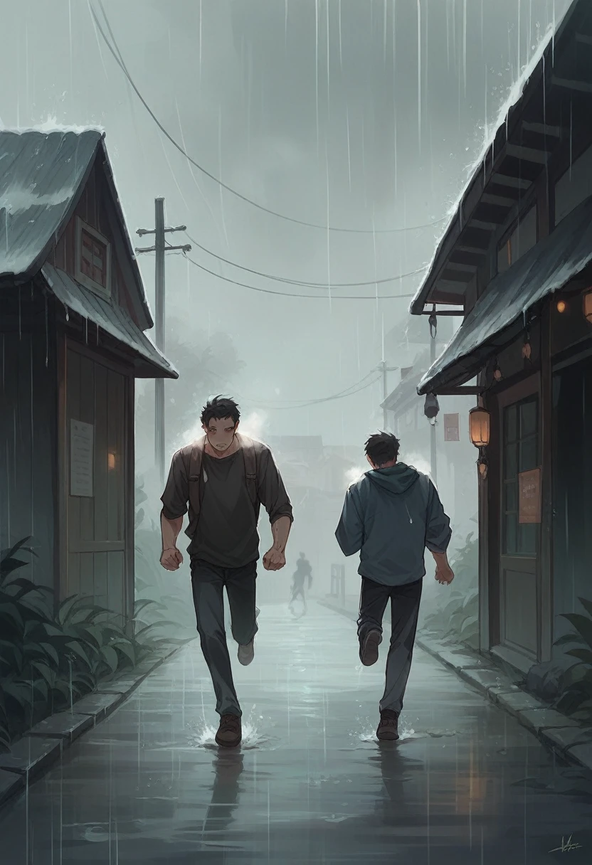 A man running,(Square in front of the station:1.3),in rain and mist,
A person exhaling visible breath in the cold,