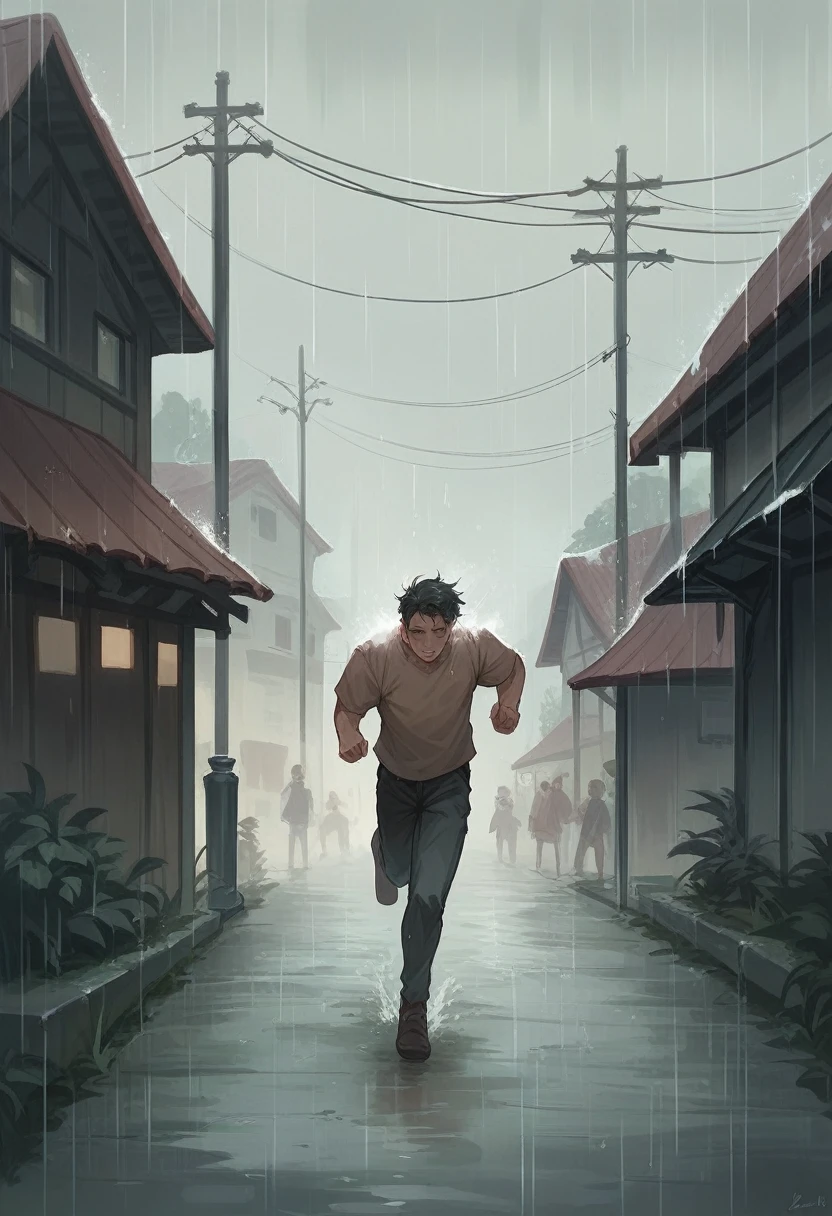 3 a.m. on the side of the street，A middle-aged man runs as hard as he can in the heavy rain，anime big breast --auto