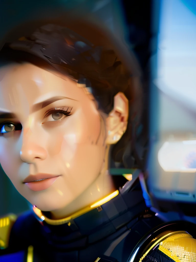 fuck_Science fiction, Award-winning photo of a woman Black flight suit with yellow details, Brown hair, (grey eyes:1.35), square jaw, asymmetrical face, standing in front of a window in a spaceship, 80mm, bokeh, mass effect, close up, fuck_Who_V2