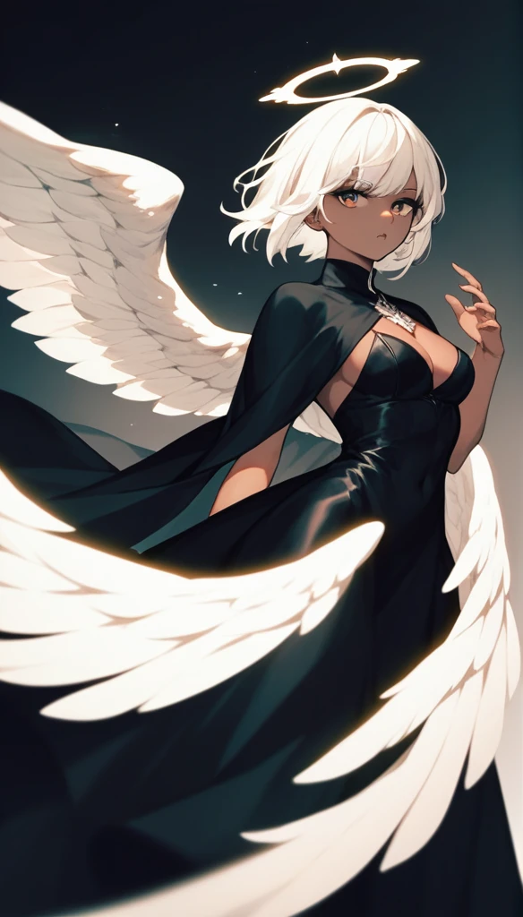 an angel with dark skin, white wings, black dress with a small neckline, black cape, long straight white hair, cbangs. dramatic pose, moody color palette, volumetric light effects