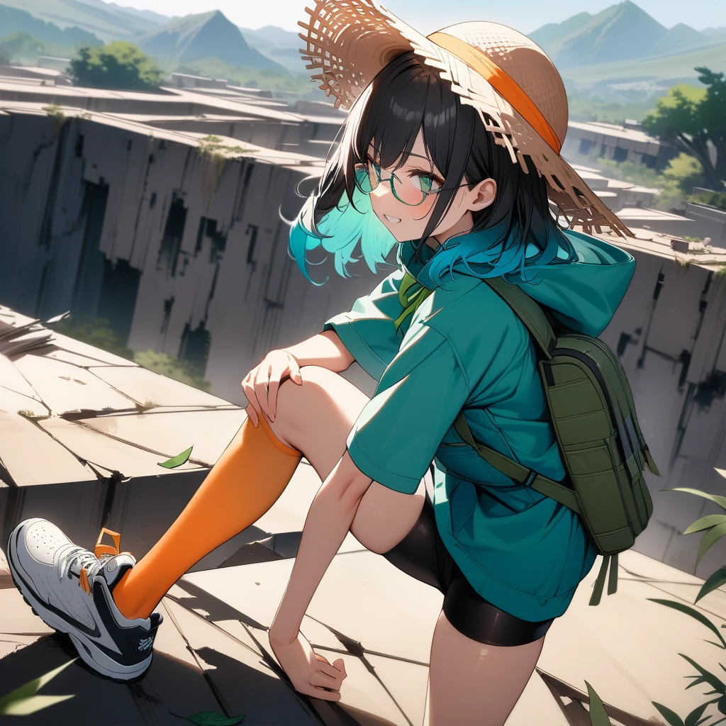 (masterpiece),(best quality),very aesthetic,(ultra-detailed),Collapsed civilization,(on the roof of a broken building),nsfw,1girl,25yo,slender,tall,medium hair,black hair,natural wave hair,flipped hair,dark green eyes,comfortable,grin,glasses,(straw hat with leaf color ribbon),carrying a aqua blue rucksack, (thigh-high parka dress with gradient earth color,black bike shorts),short sleeves,Sneaker Shoes,short orange socks,broken wristwatch,a big crater in the wilderness,Standing,leaning forward,hand on knee,summer,from side,cowboy shot,looking away