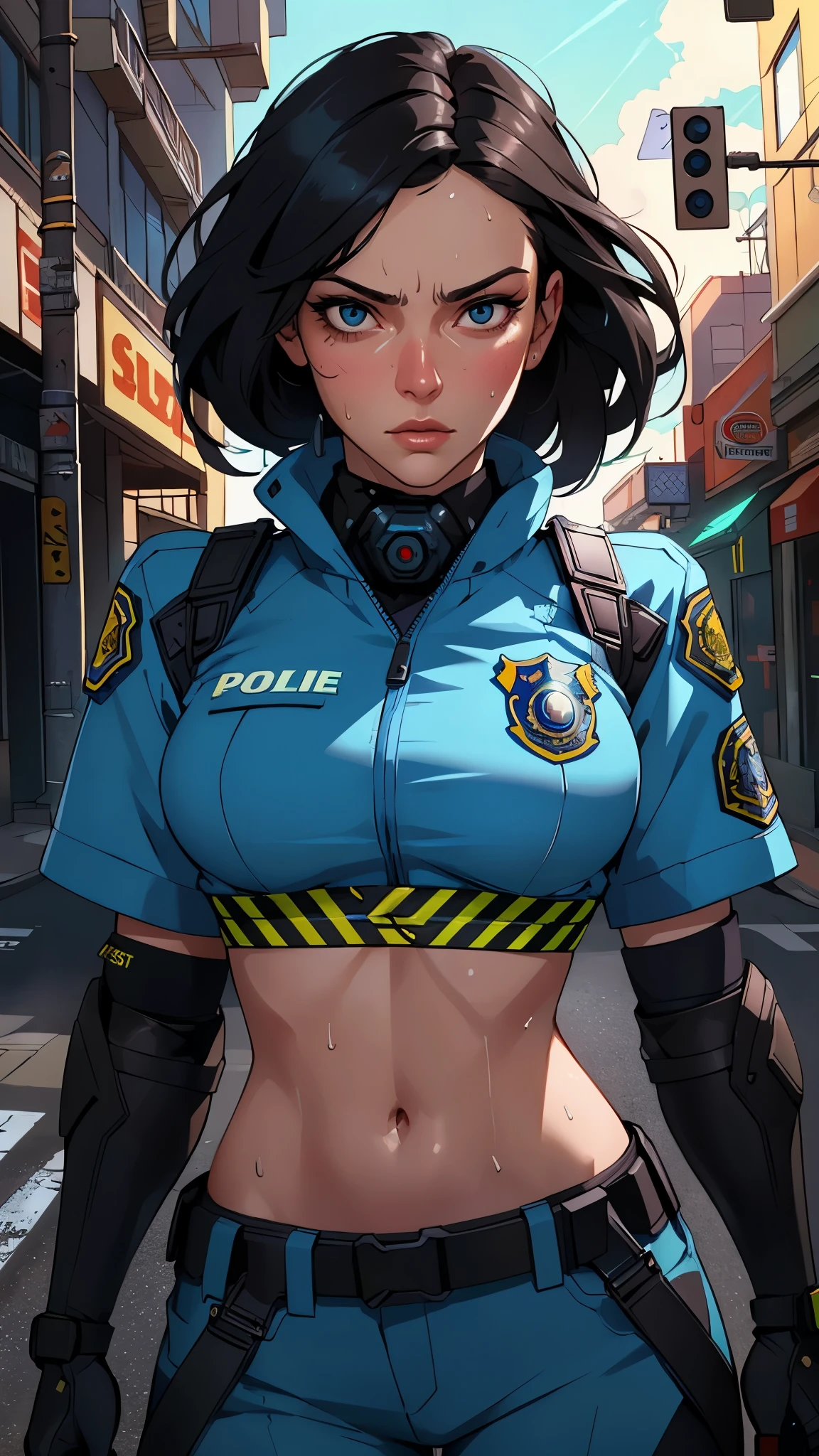 ((((masterpiece, best quality, high resolution)))), Extremely detailed 8K, 1 female, (Police Officer) wearing a cyberpunk police uniform and gear, (Ultra HD, Ultra-detailed, Highly detailed, Highly realistic, Ultra-realistic, photograph realistic), (1girl:1.5), (Realistic black hair), (dynamic poses), facing at camera, looking at viewer, (a serious focus face), (regular black eyes, sharp eyes), (perky breasts:1.2), (beautifully detailed face, beautiful detailed eyes), ((preparing for a police patrol)), (streets background), sweat, glow, (sunbeam, sunlight), ((cowboy shot)), seductive, EnvyBetterHands LoCon,