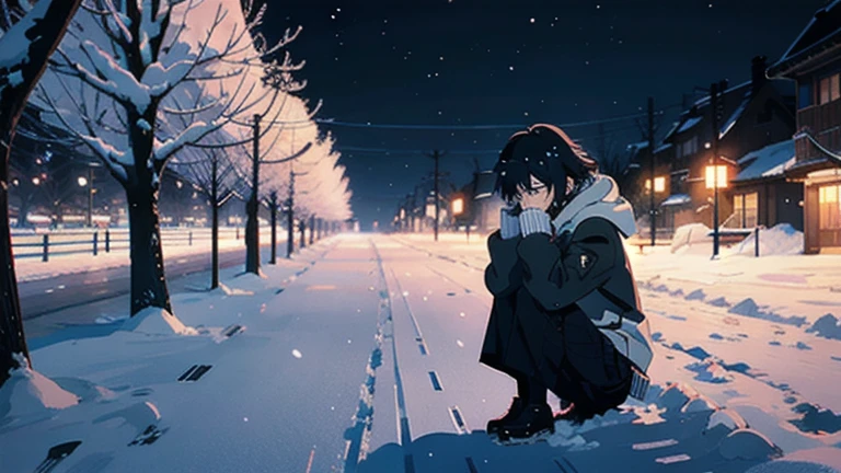 Girl sitting next to a tree, crying, fearfully, in a heavy snow storm, with their hands on their faces, snow rain surrounding it,, dark scene an image of Makoto Shinkai, trend on pixiv, conceptual art, guweiz style artwork, Guweiz and Makoto Shinkai, Sakimichan and Makoto Shinkai, ( ( Makoto Shinkai ) ), in the snow, sad anime scene