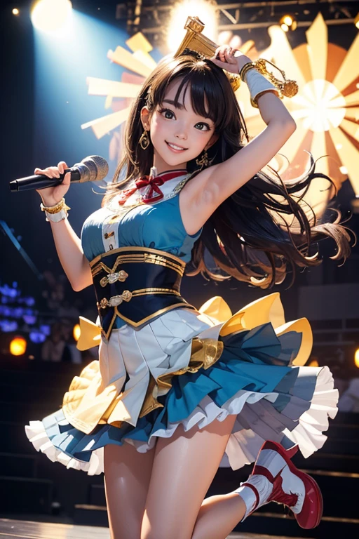 (Highest quality、 8k 、masterpiece、High resolution)、Full Body Shot、15 year old girl、Idol、cute、Dancing with a smile、Outdoor Stage、AKB48 Costumes、Realistic、Realistic、Official Art、Detailed CG、Professional Lighting、Professional photographer、