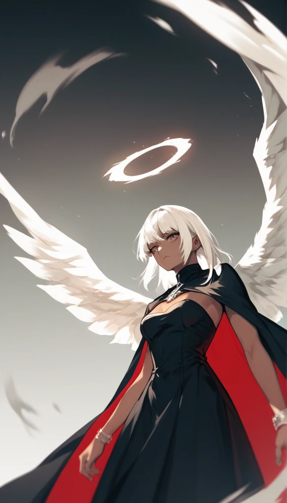 an angel with dark skin, white wings, black dress with a small neckline, black cape, long straight white hair, bangs.  dramatic pose, moody color palette, volumetric light effects