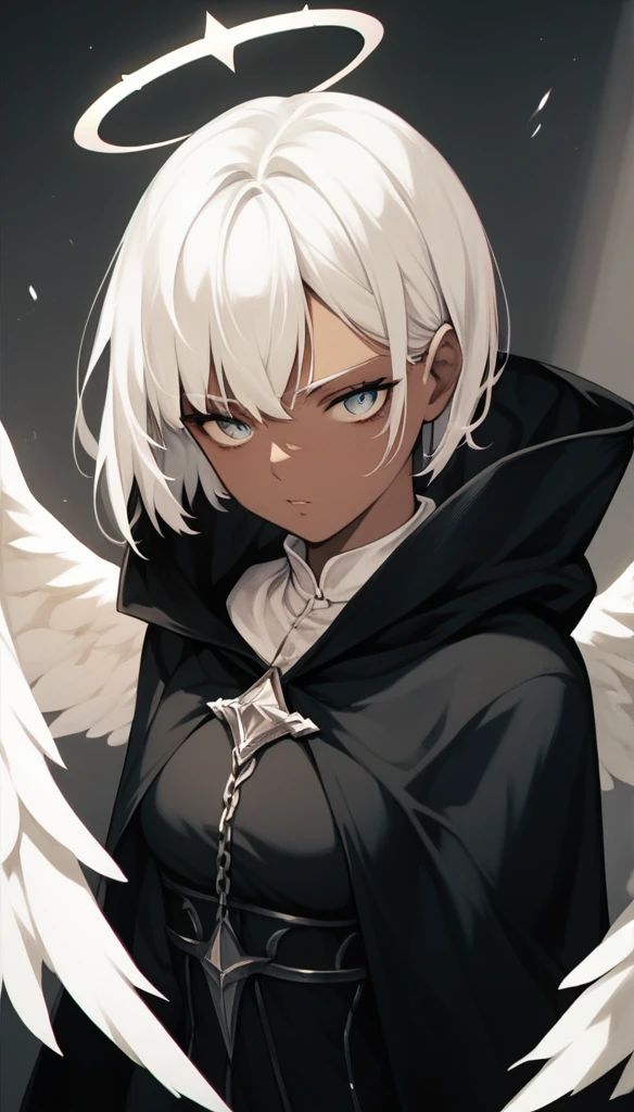 an angel with dark skin, white wings, black dress with a small neckline, black cape, long straight white hair, bangs.  dramatic pose, moody color palette, volumetric light effects