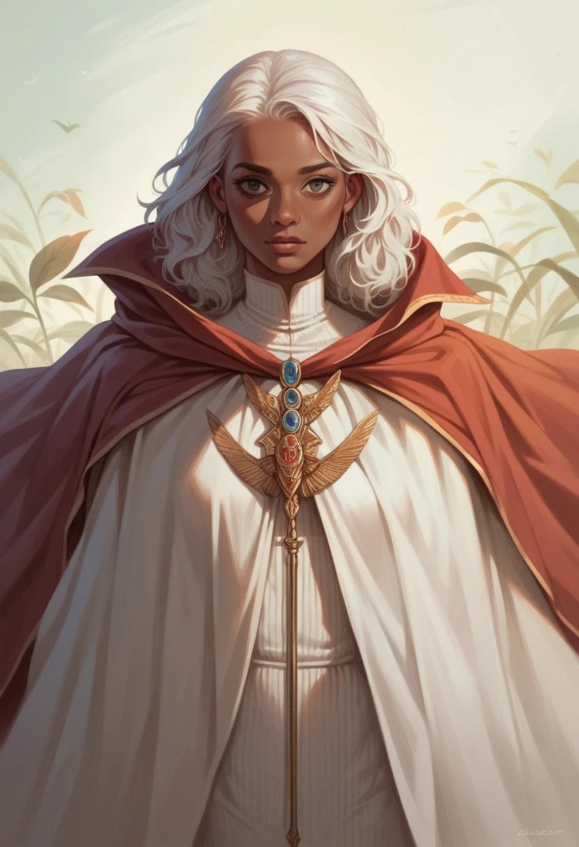 ((best quality)), ((masterpiece)), (detailed), 1girl, mixed race girl, African American + Caucasian girl with lighter skin, young woman, beautiful, skinny, white hair, modern western attire, cloak, wearing casual clothes underneath cloak