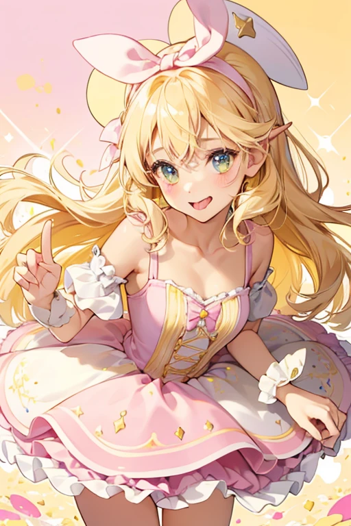 A girl  pale pink frosted cake coming in three-layers. Her ears are yellow, her mid-section is gold, and her bottom is tan. Her face is on the bottom and her tongue is sticking out. Yellow sprinkles cover her head, and she wears a mauve bow. SPARKLE; GLITTER