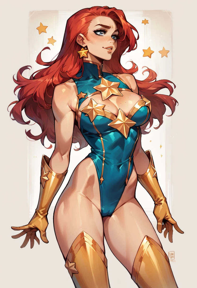 masterpiece, Sexy, Superheroine, Red hair, long hair, busty, ((blue highleg leotard with a t-back thong and a gold star insignia on chest)), gold boots, gold gloves,