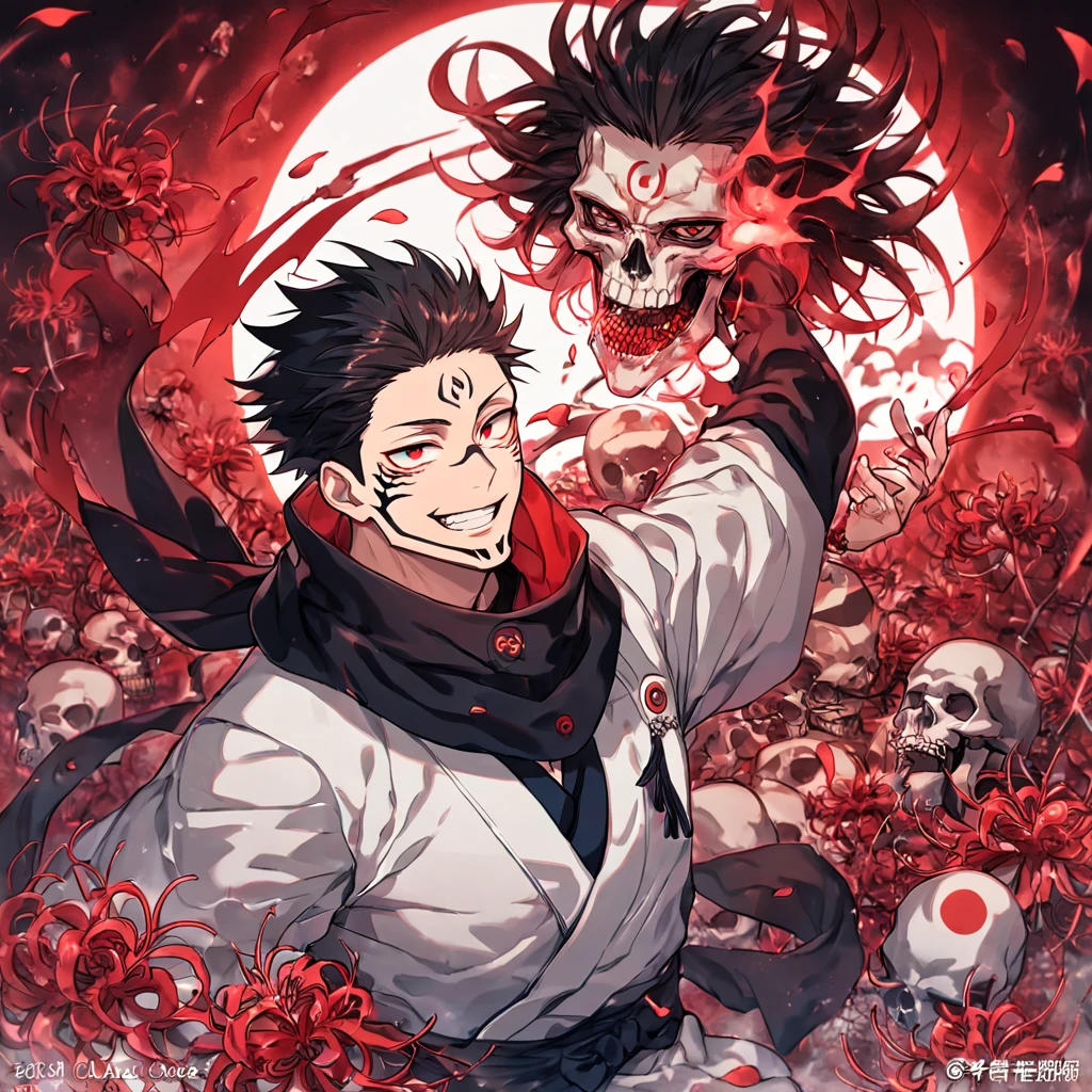 Ultra detailed, HDR, Highres, absurdres, master piece, Ryoumen Sukuna, black hair, expressive red eyes, black scarf, white kimono, Jujutsu Kaisen, handsome, man, solo, bones, red blood water, fantasy, magical, red aura, inner domain, skulls, red petals, handsome smile, best quality, red crescent moon, red spider lilies