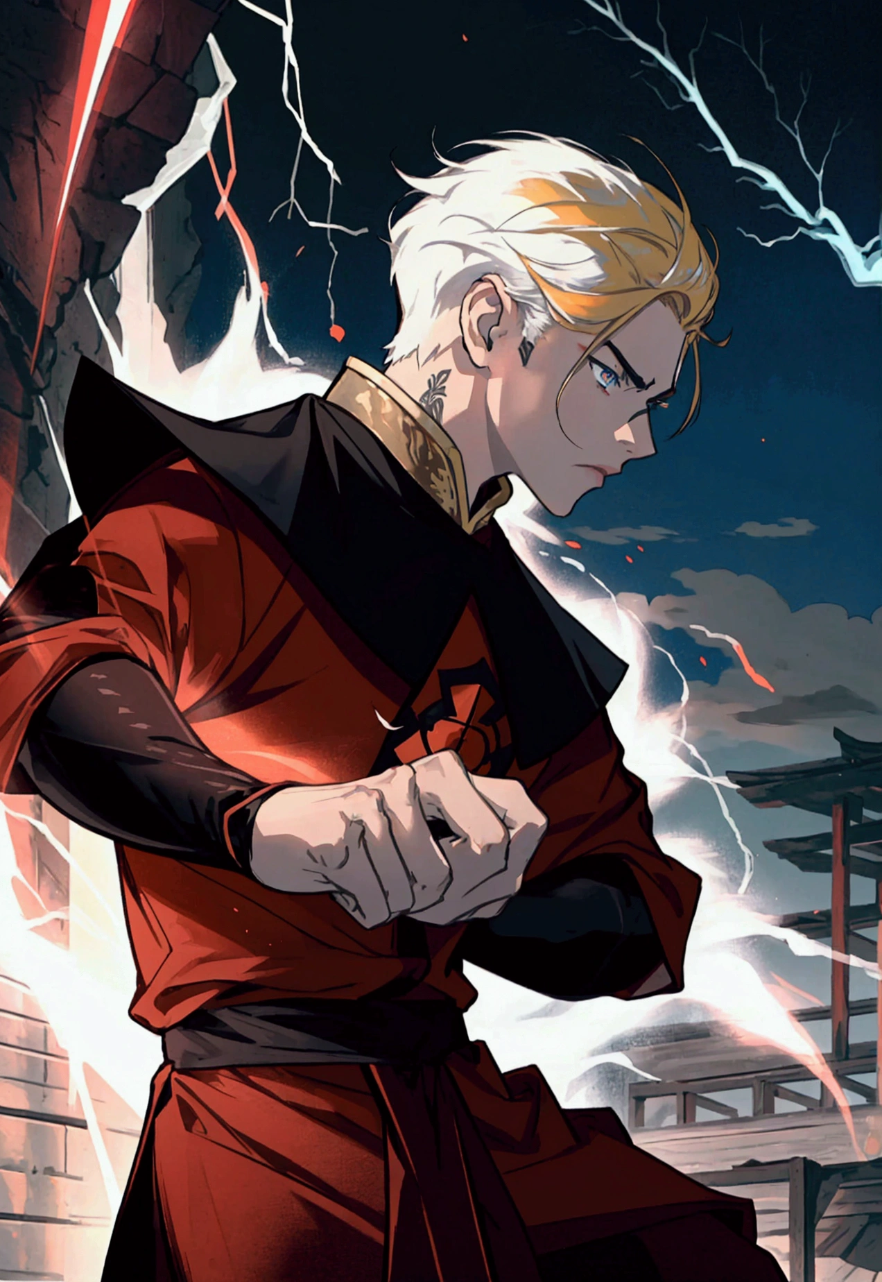 1 young man, alone, looking at his enemy, soft lighting, crimson electrical currents on body, 15 year old man, blue eyes, tattoo below the eyes, golden hair, short hair with samurai cut, boyish, black clothes, scene of rage and sadness, best angle, thoughtful, {beautiful detailed eyes}, {detailed light}, {illustration}, {better lighting}, conceptual art, best fight scene, monk t-shirt, black and white, rays of color crimson, lightning all over the body, red lightning in hands, better quality in the fingers, better quality in the eyes, better emphasis on masculine features, best pose, crimson ray, hands apart