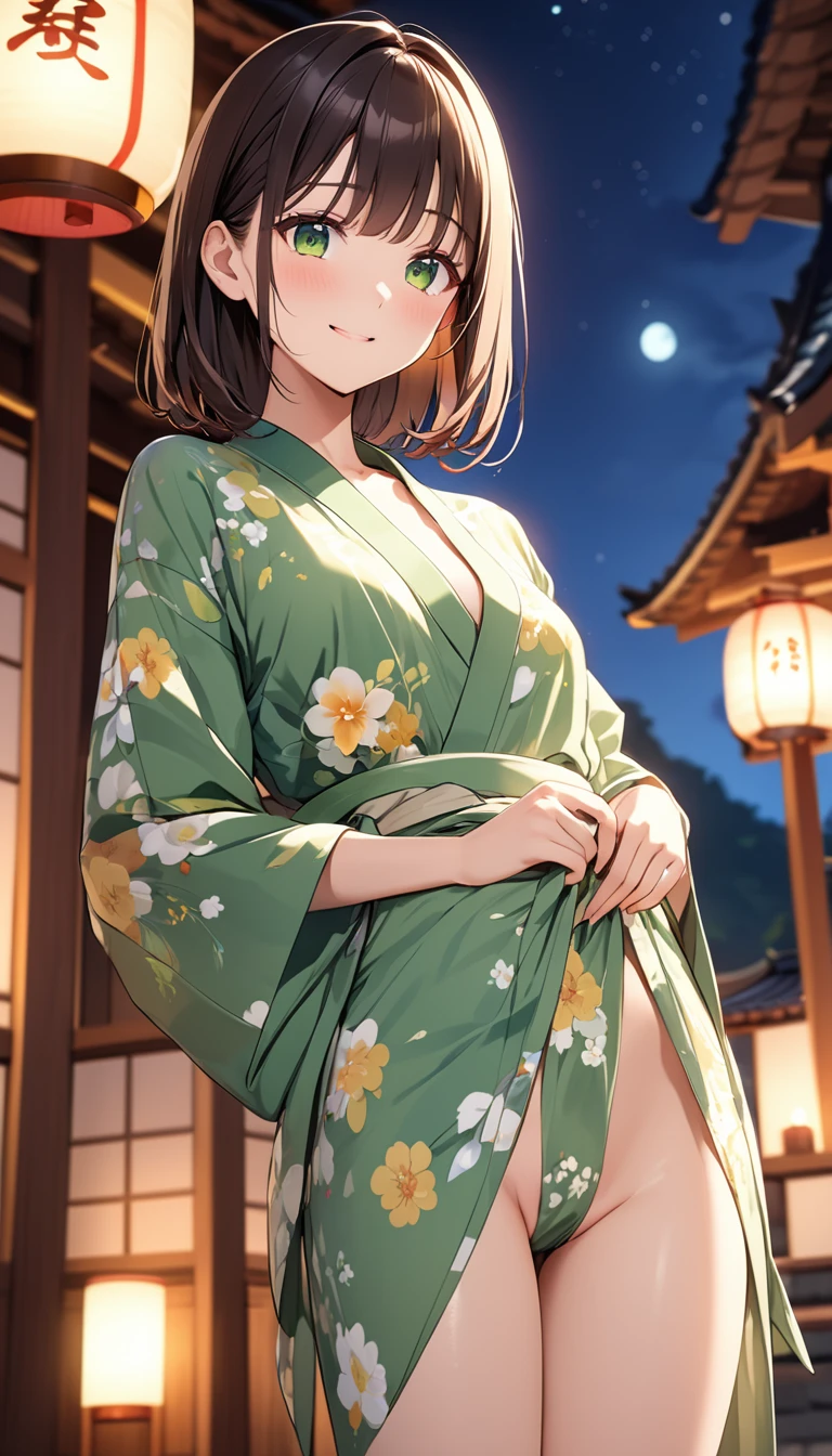 高いquality illustration, masterpiece, Very delicate and beautiful, Attractive girl,(Yellow-green floral yukata、White loincloth),thin,Slender body,slim、Shrine background at night,Princess, Beautiful Eyes,smile、Embarrassing、blush(masterpiece, Highest quality:1.2), High resolution, Very detailed CG ユニティ 8k 壁紙, Perfect lighting, colorful, 超High resolution,4K,Very detailed, photograph, 8k, High resolutionolution, 、valley、濃いPubic hair sticking out、Pubic hair sticking out、Close-up of the crotch from directly below