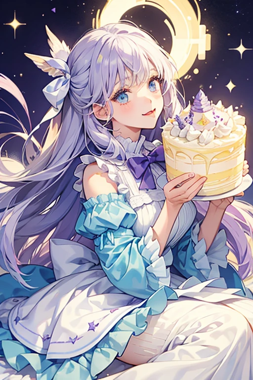 C.C. Stacks is a girl vanilla frosted cake coming in layers. Her upper-half is lavender and her bottom half is baby blue. Her face is on the bottom and her tongue is sticking out. White sprinkles cover her head, and she wears a purple bow. SPARKLE; GLITTER