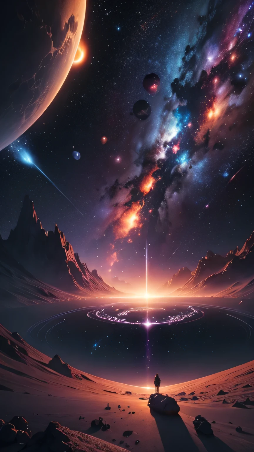 stunning hyperrealistic space scene, black hole, nebula, galaxy, cosmic landscape, detailed celestial objects, milky way, twinkling stars, vibrant colors, dramatic lighting, photorealistic quality, digital art, concept art, 8k resolution, highly detailed, cinematic composition, mesmerizing, awe-inspiring