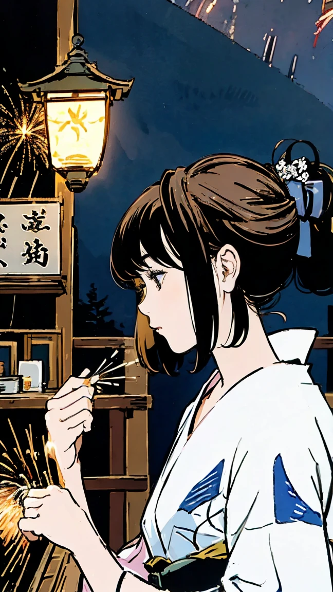 fair、shrine、yukata、Black Hair、profile、Shortcuts、Girl、night、Lantern Light、hanabi、mt.fuji、Fireworks