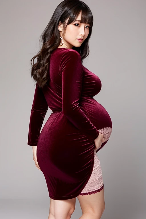 heavily japanese pregnant woman holding her big belly wearing tight velvet maternity dress and accesories having contractions pain