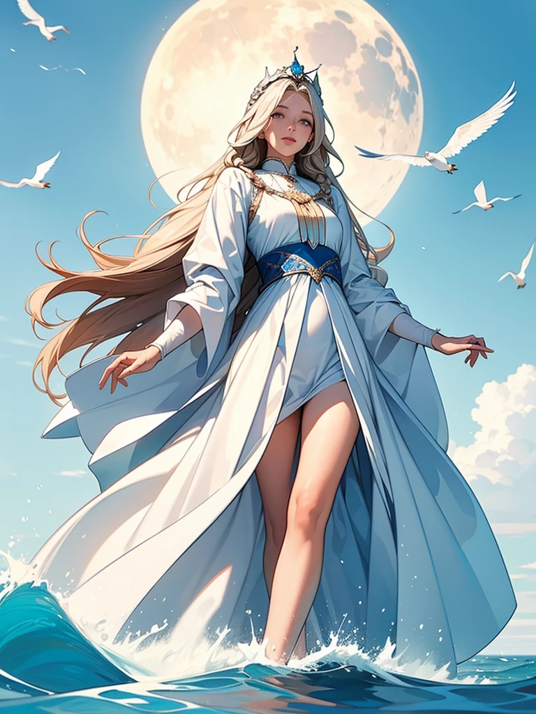 ,((Highest quality))),8k,((masterpiece)),(Very sophisticated and beautiful), A girl emerges from the sea, The Swan Princess of Russian Mythology, Beautiful calm face, blue eyes, Long blonde hair braided, Moon braid at the back of the head, With a kokoshnik crown on his head、White and shiny old Russian clothing, Loving eyes, Half-laugh, There was a gentle look on his face, Background seascape and sunlight, Seagulls in the sky, full length, realism