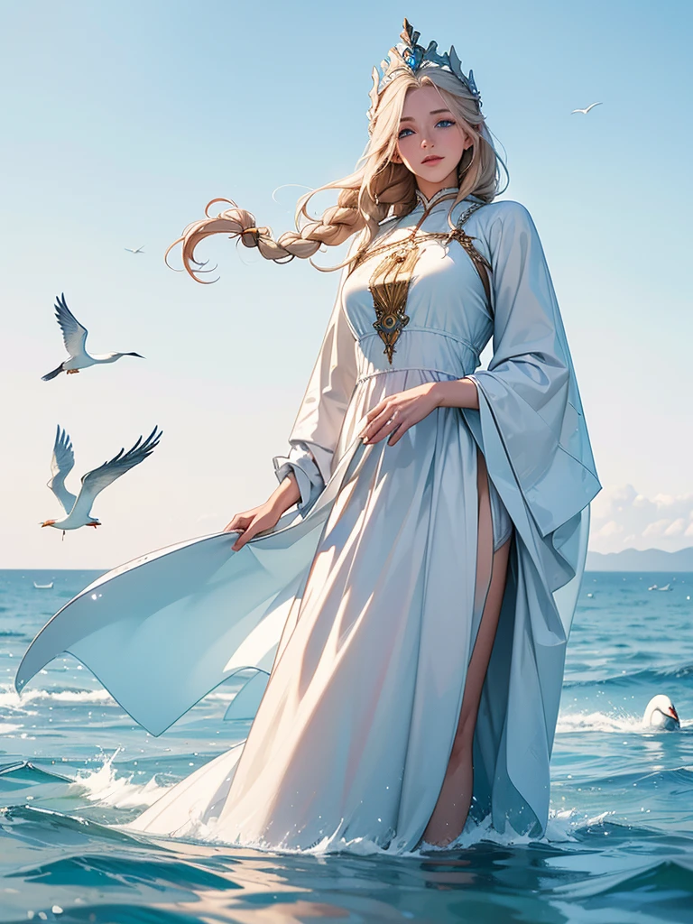 ,((Highest quality))),8k,((masterpiece)),(Very sophisticated and beautiful), A girl emerges from the sea, The Swan Princess of Russian Mythology, Beautiful calm face, blue eyes, Long blonde hair braided, Moon braid at the back of the head, With a kokoshnik crown on his head、White and shiny old Russian clothing, Loving eyes, Half-laugh, There was a gentle look on his face, Background seascape and sunlight, Seagulls in the sky, full length, realism