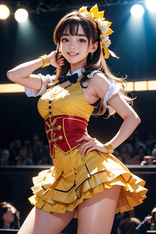 (Highest quality、 8k 、masterpiece、High resolution)、Full Body Shot、15 year old girl、Idol、cute、Dancing with a smile、Outdoor Stage、AKB48 Costumes、Realistic、Realistic、Official Art、Detailed CG、Professional Lighting、Professional photographer、