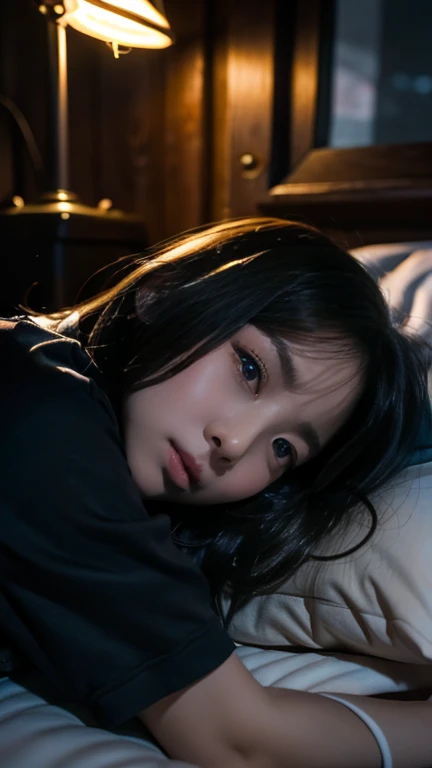 ((( girl))), (((in dark cabin at night))), (((tired girl lying on bed))), Japanese, cute, dark hair, bobbed hair, (((faint lamp lighting))), straight face, no smile, uneasy expression, trainers and super mini skirt, sneakers, horror movie scene, fear Drama, High Resolution, Detailed Drawing, Award Winning, Highest Resolution, Realistic, Raw, 8K Wallpaper