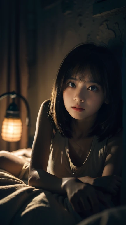 ((( girl))), (((in dark cabin at night))), (((tired girl lying on bed))), Japanese, cute, dark hair, bobbed hair, (((faint lamp lighting))), straight face, no smile, uneasy expression, trainers and super mini skirt, sneakers, horror movie scene, fear Drama, High Resolution, Detailed Drawing, Award Winning, Highest Resolution, Realistic, Raw, 8K Wallpaper